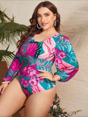 Tropical Floral Mesh Sleeve Swimsuit in Teal & Fuchsia - 2X/3X